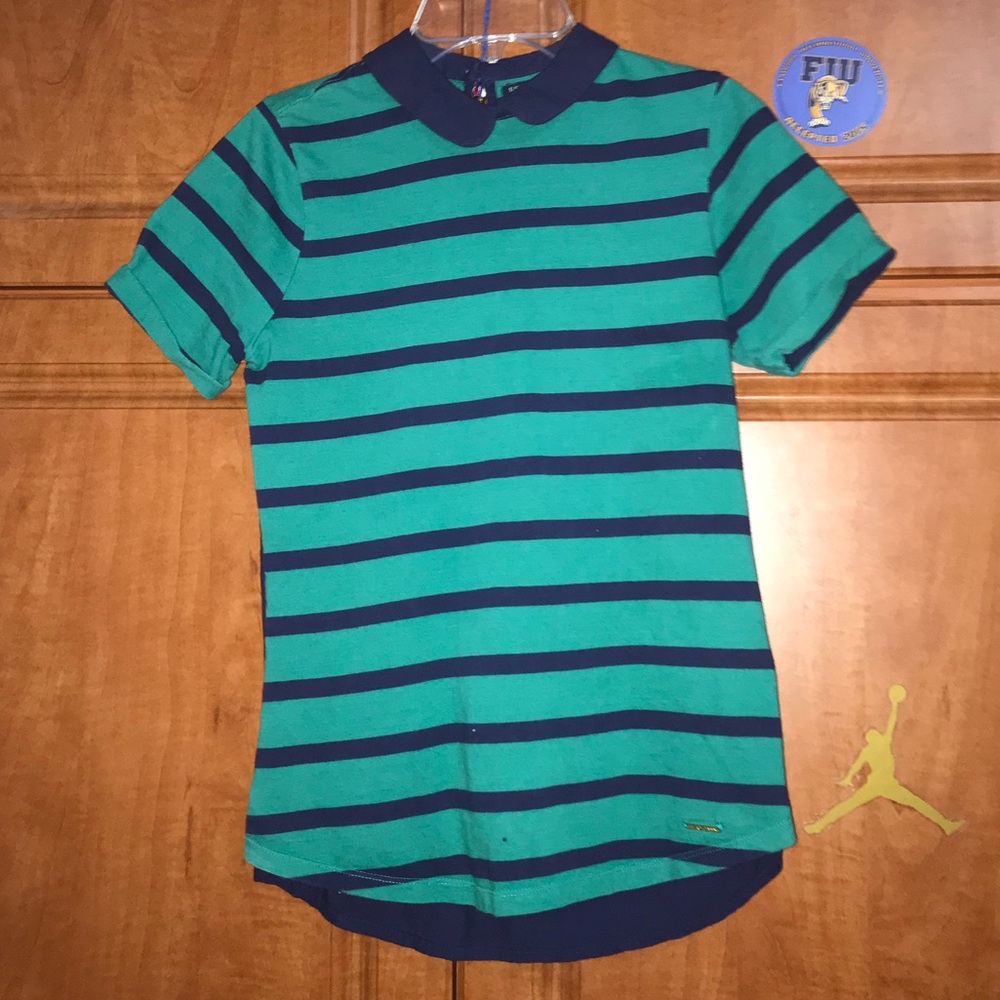 Striped green and navy blue short sleeved